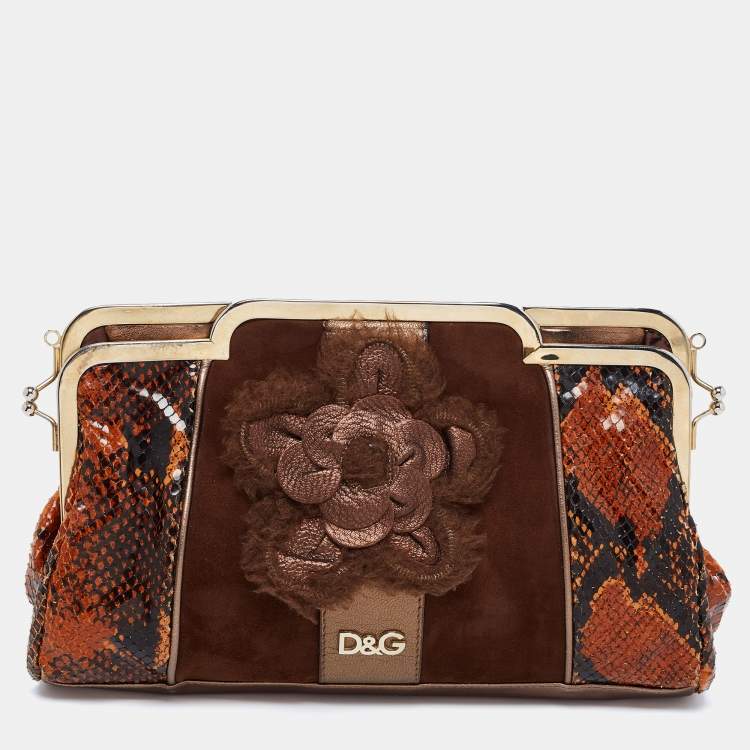 Pre Owned D&G Brown Snakeskin Embossed Leather And Suede Floral Applique Clutch