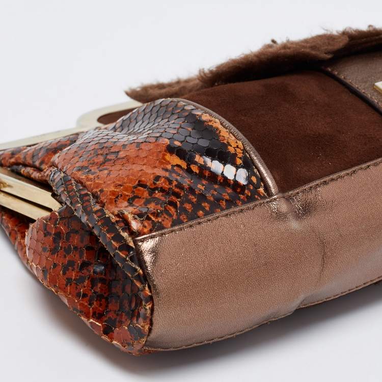 Pre Owned D&G Brown Snakeskin Embossed Leather And Suede Floral Applique Clutch