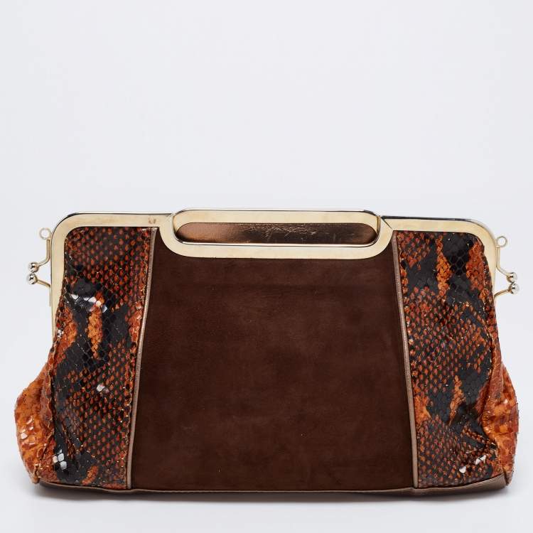 Pre Owned D&G Brown Snakeskin Embossed Leather And Suede Floral Applique Clutch