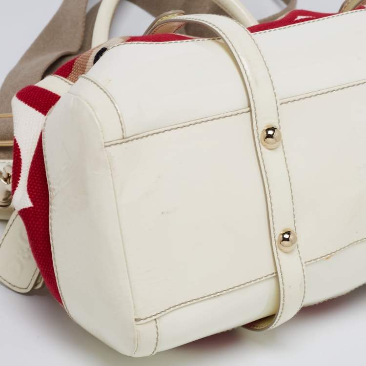 Pre Owned D&G Red/White Floral Print Canvas And Patent Leather Satchel