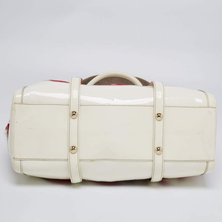 Pre Owned D&G Red/White Floral Print Canvas And Patent Leather Satchel