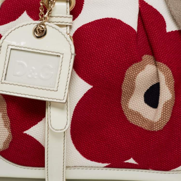 Pre Owned D&G Red/White Floral Print Canvas And Patent Leather Satchel