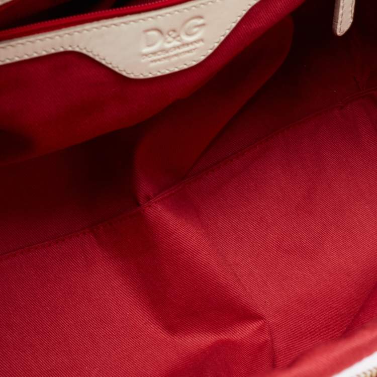 Pre Owned D&G Red/White Floral Print Canvas And Patent Leather Satchel