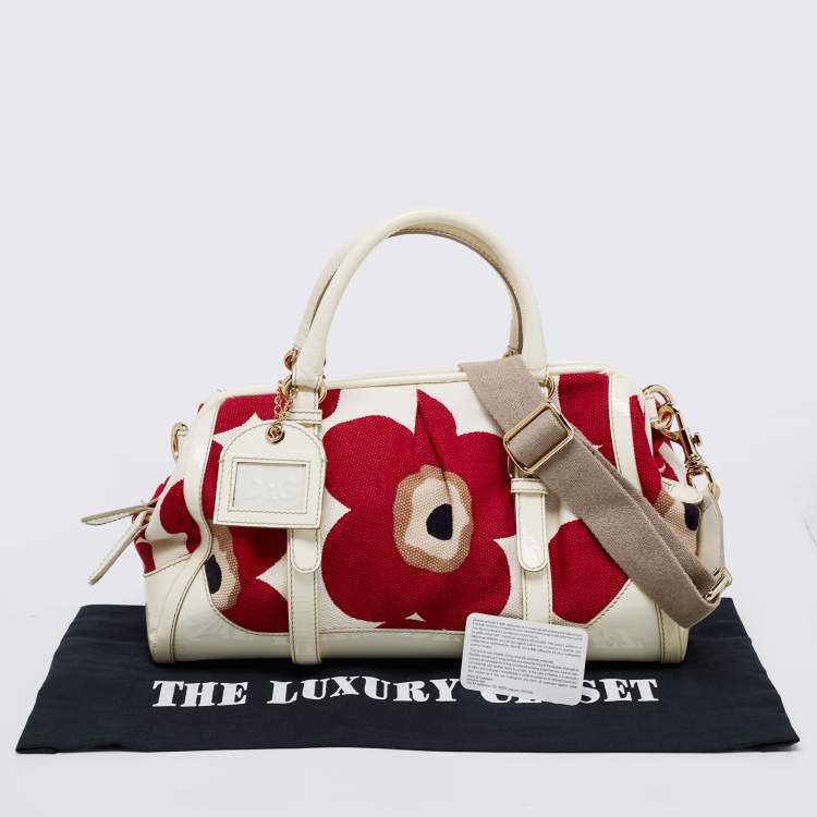 Pre Owned D&G Red/White Floral Print Canvas And Patent Leather Satchel