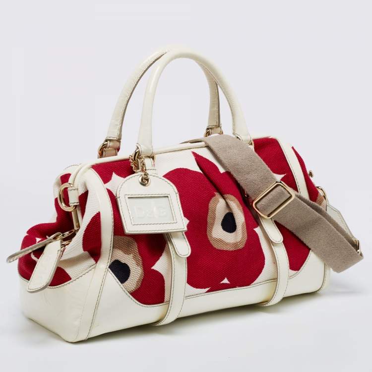 Pre Owned D&G Red/White Floral Print Canvas And Patent Leather Satchel