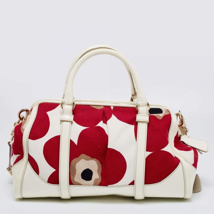 Pre Owned D&G Red/White Floral Print Canvas And Patent Leather Satchel