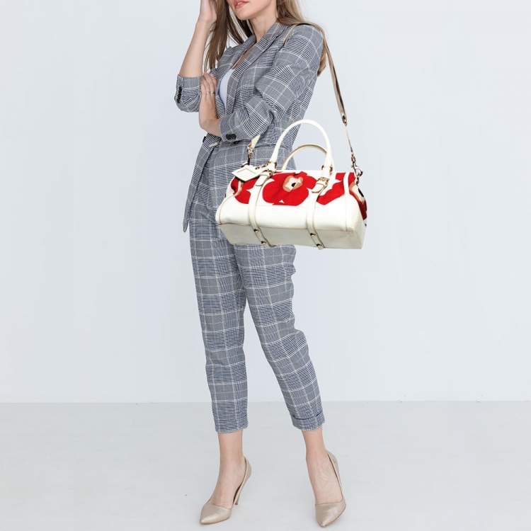 Pre Owned D&G Red/White Floral Print Canvas And Patent Leather Satchel