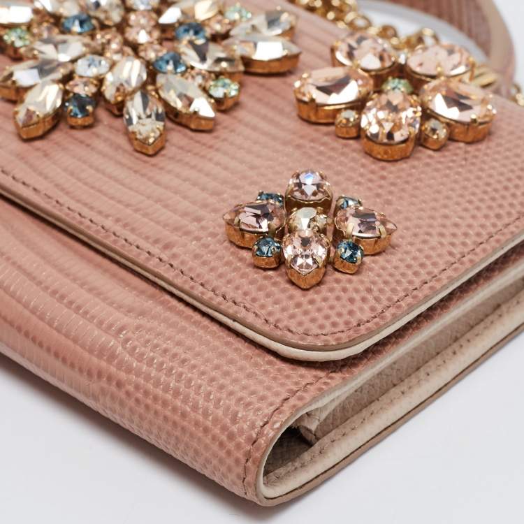 Pre Owned Dolce & Gabbana Beige Lizard Embossed Leather Sicily Von Crystals Smartphone Bag 