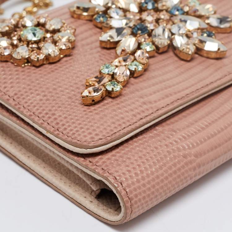 Pre Owned Dolce & Gabbana Beige Lizard Embossed Leather Sicily Von Crystals Smartphone Bag 
