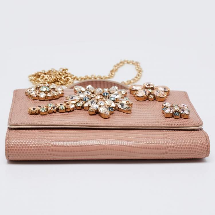 Pre Owned Dolce & Gabbana Beige Lizard Embossed Leather Sicily Von Crystals Smartphone Bag 