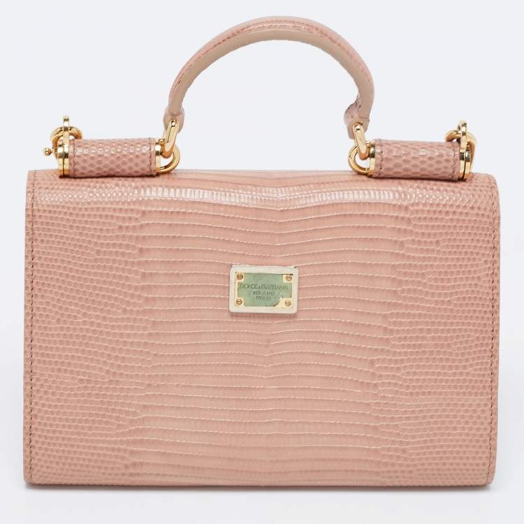 Pre Owned Dolce & Gabbana Beige Lizard Embossed Leather Sicily Von Crystals Smartphone Bag 