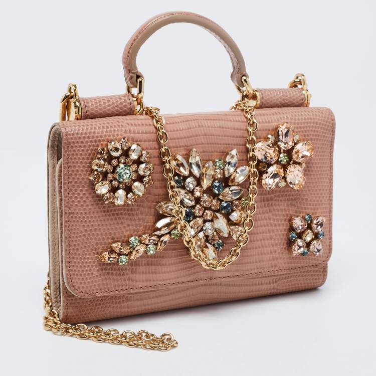 Pre Owned Dolce & Gabbana Beige Lizard Embossed Leather Sicily Von Crystals Smartphone Bag 