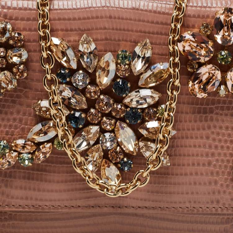 Pre Owned Dolce & Gabbana Beige Lizard Embossed Leather Sicily Von Crystals Smartphone Bag 