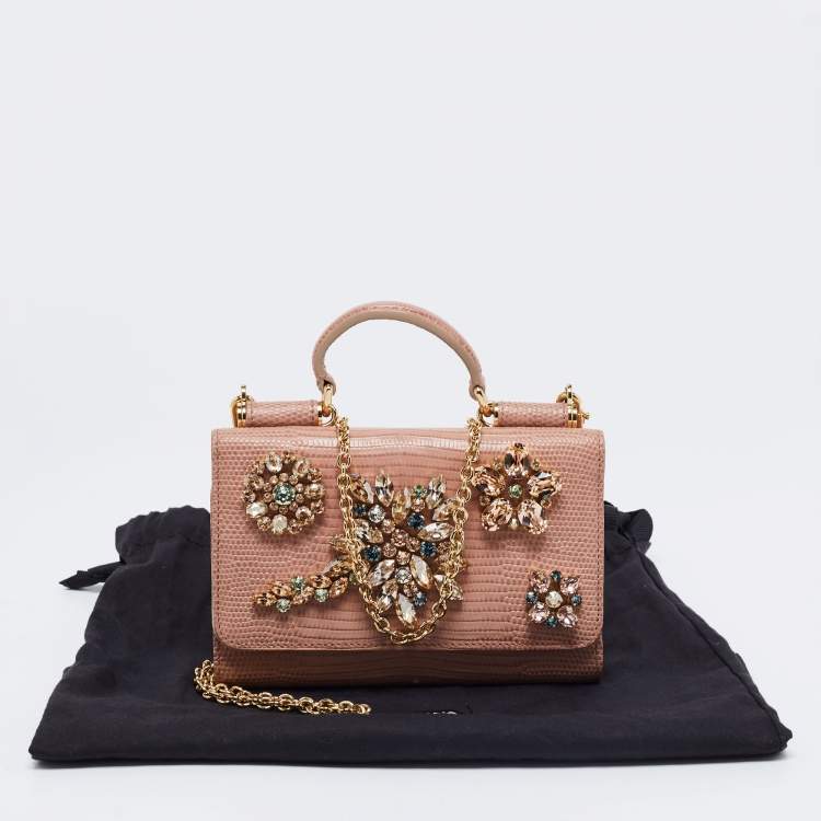 Pre Owned Dolce & Gabbana Beige Lizard Embossed Leather Sicily Von Crystals Smartphone Bag 