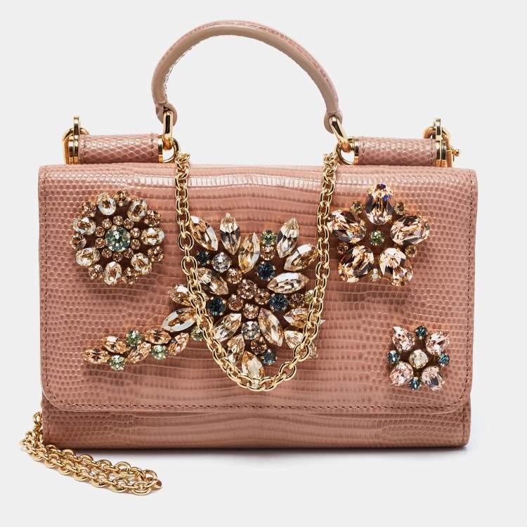 Pre Owned Dolce & Gabbana Beige Lizard Embossed Leather Sicily Von Crystals Smartphone Bag 