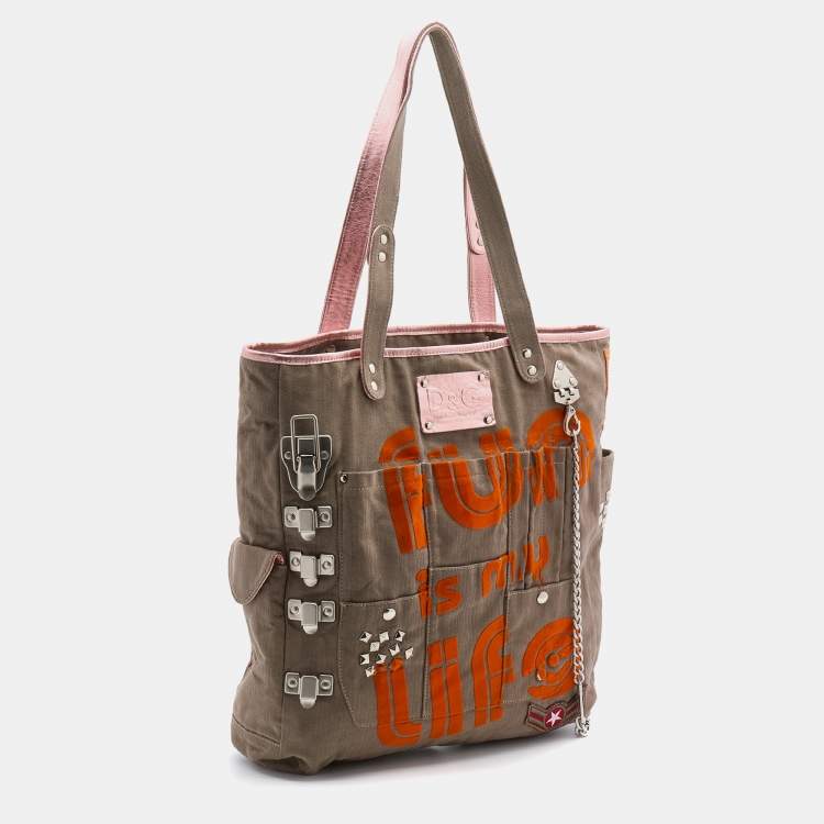 Pre Owned D&G Grey Canvas Fun Is My Life Tote