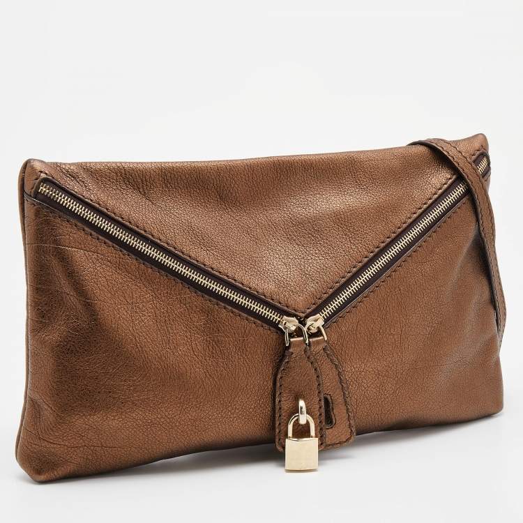 Pre Owned D&G Metallic Brown Leather Lock Envelope Zip Shoulder Bag