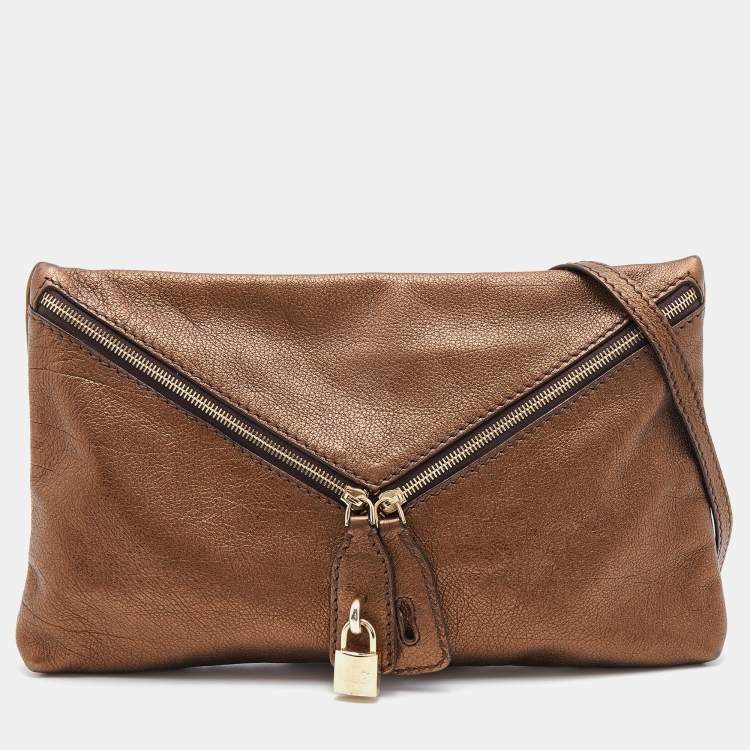 Pre Owned D&G Metallic Brown Leather Lock Envelope Zip Shoulder Bag
