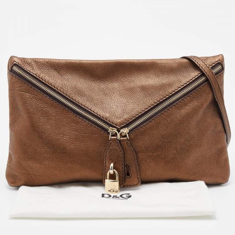 Pre Owned D&G Metallic Brown Leather Lock Envelope Zip Shoulder Bag