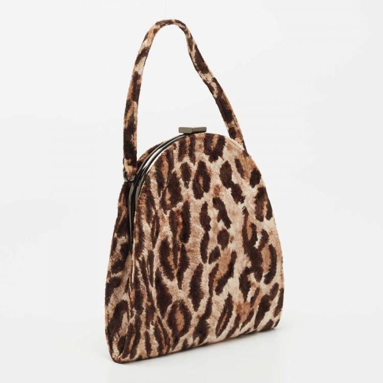 Pre Owned D&G Brown Leopard Print Velvet Frame Clutch Bag 