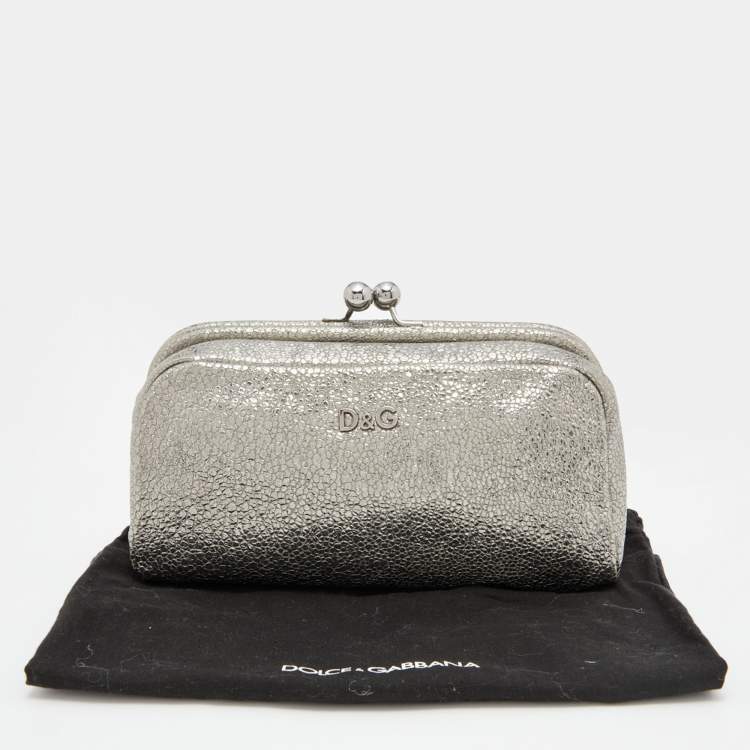 Pre Owned D&G Metallic Silver Leather Embellished Leather Clutch