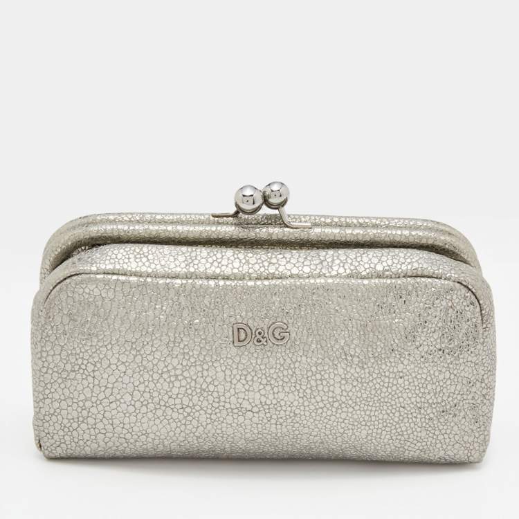 Pre Owned D&G Metallic Silver Leather Embellished Leather Clutch