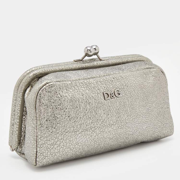 Pre Owned D&G Metallic Silver Leather Embellished Leather Clutch