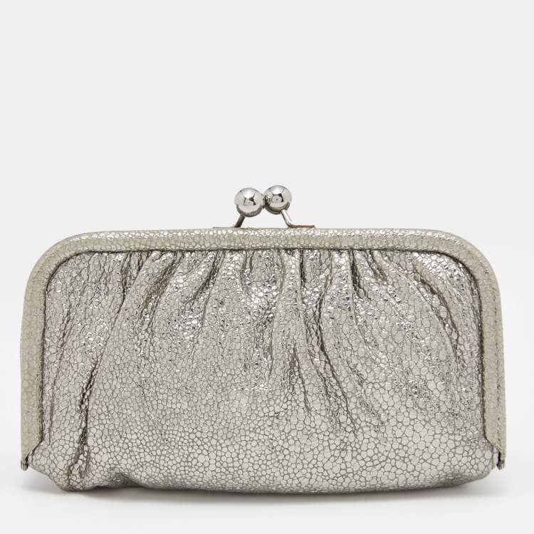 Pre Owned D&G Metallic Silver Leather Embellished Leather Clutch