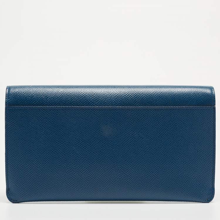 Pre Owned Dolce & Gabbana Blue Grained Leather DG Logo Flap Chain Clutch