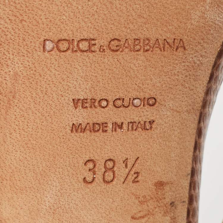 Pre Owned Dolce & Gabbana Brown Lizard Embossed Ankle Strap Sandals Size 38.5