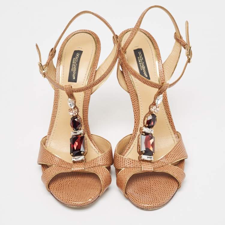 Pre Owned Dolce & Gabbana Brown Lizard Embossed Ankle Strap Sandals Size 38.5