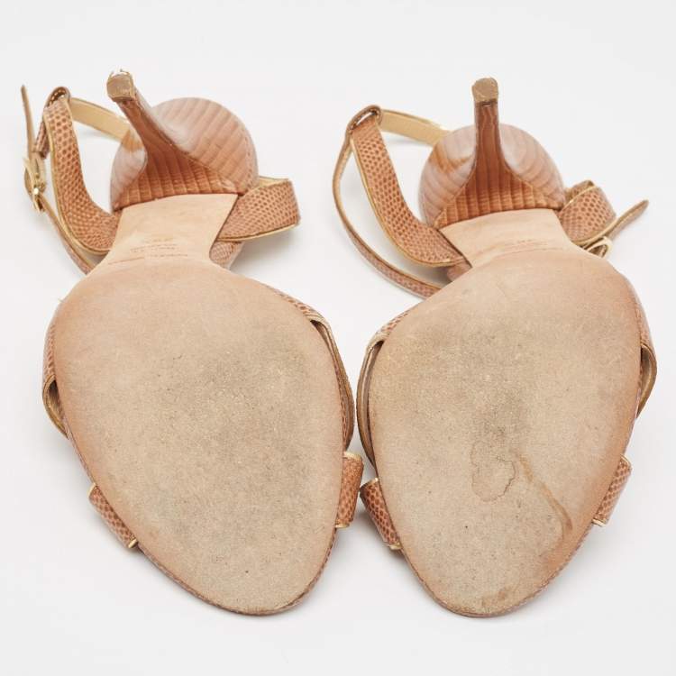Pre Owned Dolce & Gabbana Brown Lizard Embossed Ankle Strap Sandals Size 38.5