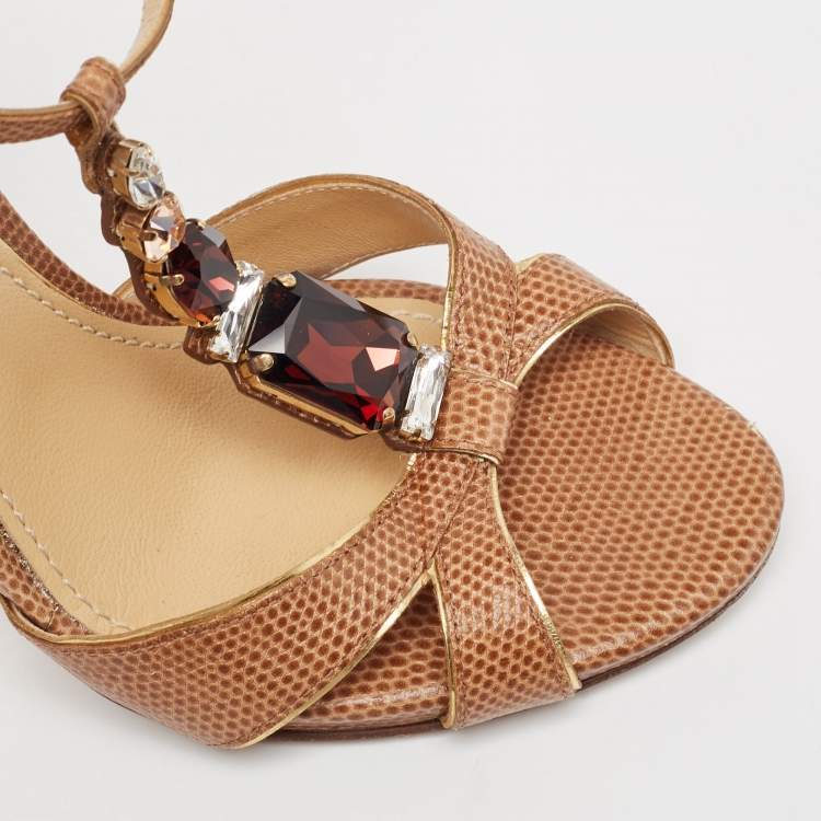 Pre Owned Dolce & Gabbana Brown Lizard Embossed Ankle Strap Sandals Size 38.5
