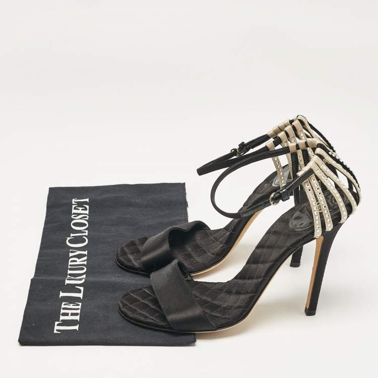 Pre Owned D&G Black/Beige Satin Crystal Embellished Ankle Strap Sandals Size 38