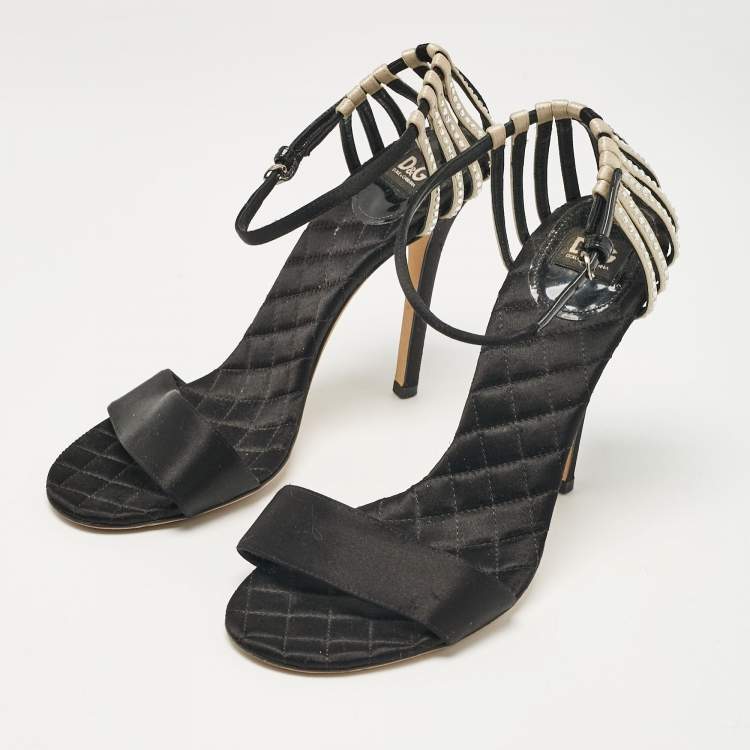 Pre Owned D&G Black/Beige Satin Crystal Embellished Ankle Strap Sandals Size 38