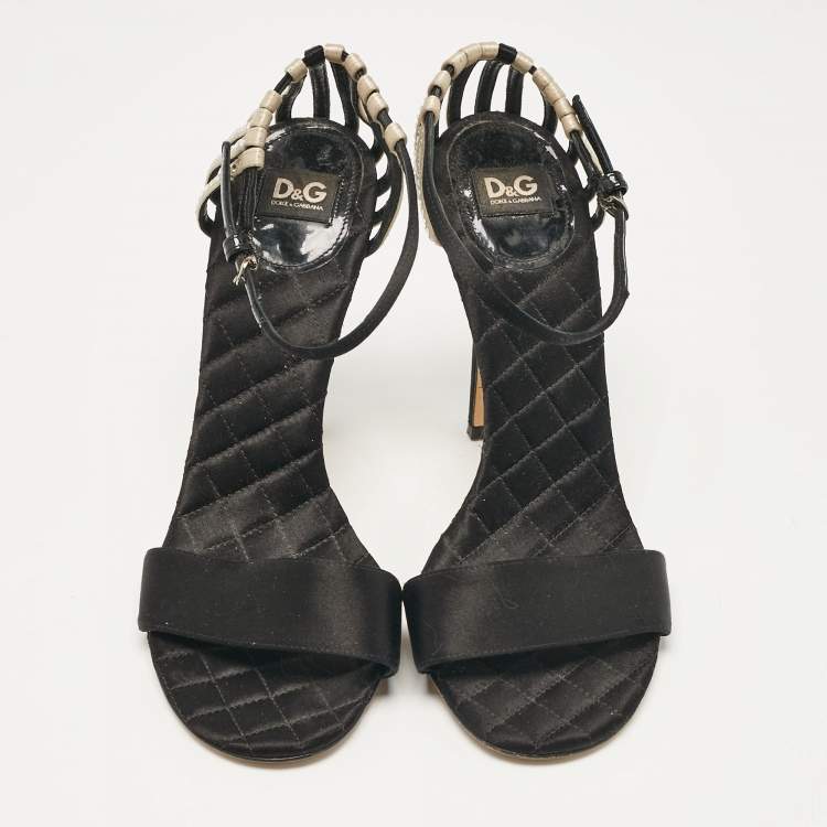 Pre Owned D&G Black/Beige Satin Crystal Embellished Ankle Strap Sandals Size 38