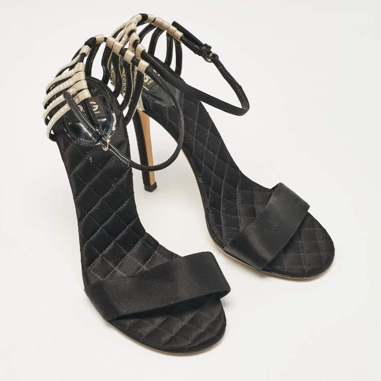 Pre Owned D&G Black/Beige Satin Crystal Embellished Ankle Strap Sandals Size 38