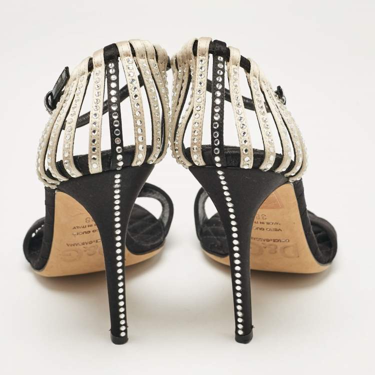 Pre Owned D&G Black/Beige Satin Crystal Embellished Ankle Strap Sandals Size 38