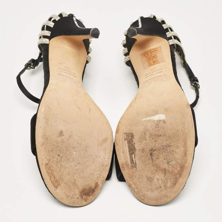 Pre Owned D&G Black/Beige Satin Crystal Embellished Ankle Strap Sandals Size 38
