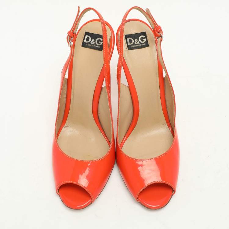 Pre Owned D&G Orange Patent Leather Peep Toe Slingback Sandals Size 38