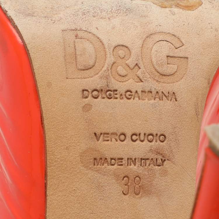 Pre Owned D&G Orange Patent Leather Peep Toe Slingback Sandals Size 38