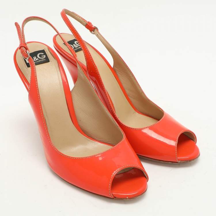 Pre Owned D&G Orange Patent Leather Peep Toe Slingback Sandals Size 38