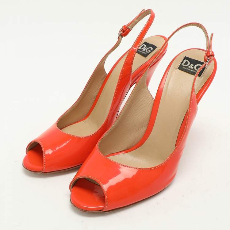 Pre Owned D&G Orange Patent Leather Peep Toe Slingback Sandals Size 38