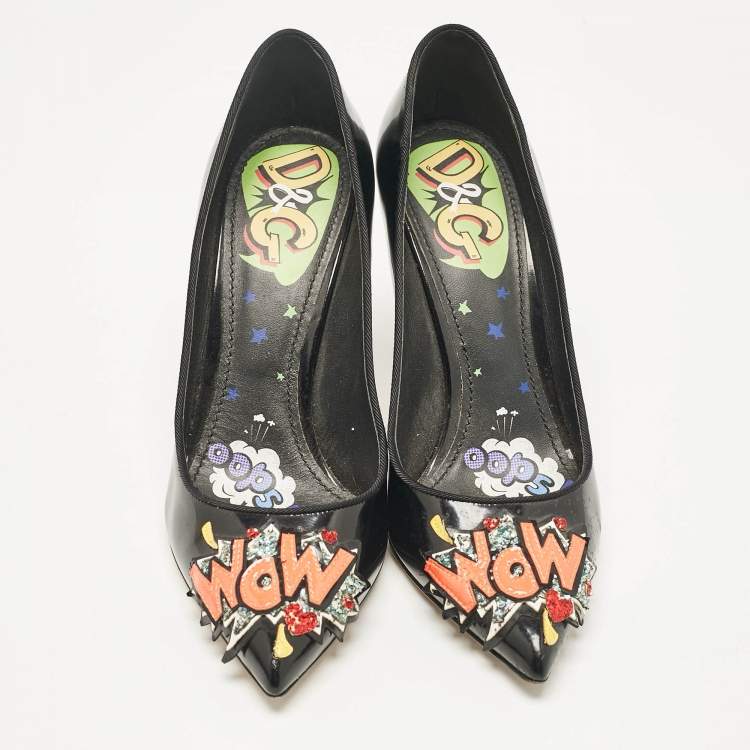 Pre Owned D&G Black Patent Leather Wow Patch Pumps Size 39
