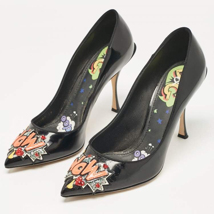 Pre Owned D&G Black Patent Leather Wow Patch Pumps Size 39