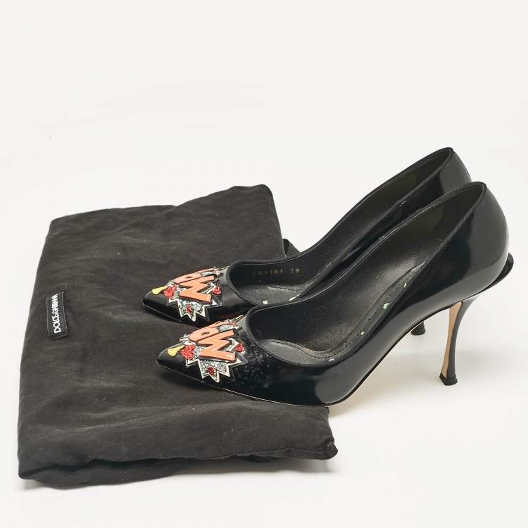 Pre Owned D&G Black Patent Leather Wow Patch Pumps Size 39