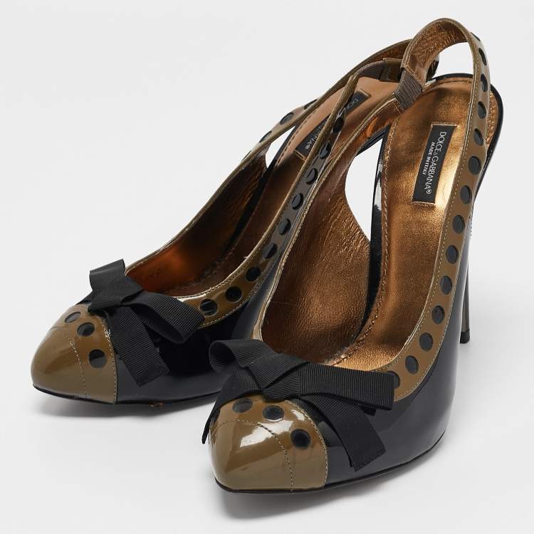 Pre Owned D&G Grey/Black Patent Leather Bow Slingback Pumps Size 40
