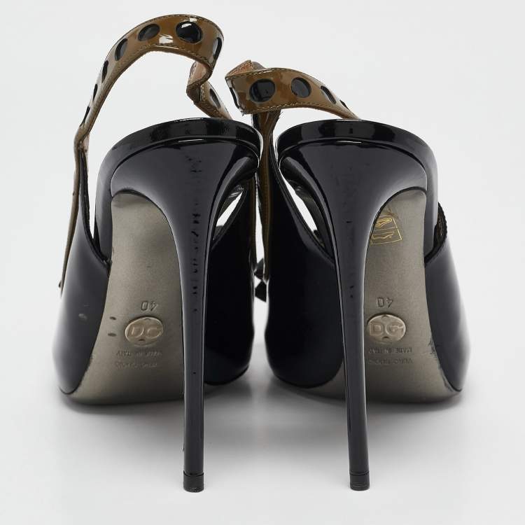 Pre Owned D&G Grey/Black Patent Leather Bow Slingback Pumps Size 40