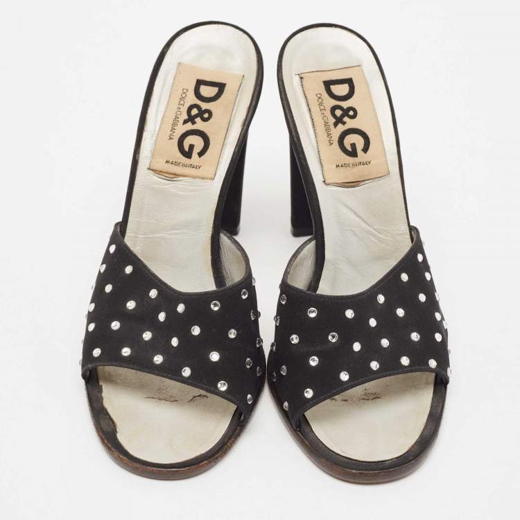Pre Owned D&G Black Satin Crystal Embellished Slide Sandals Size 37