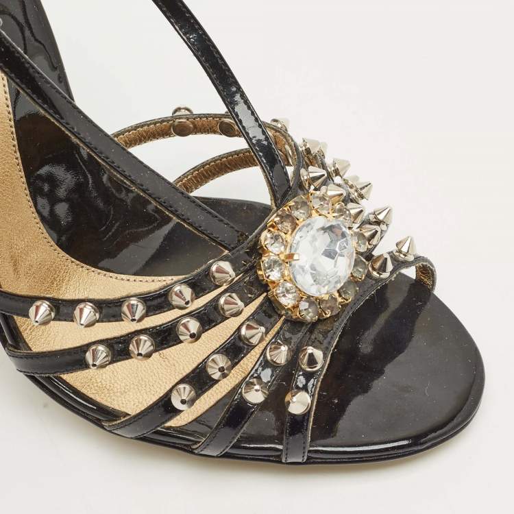 Pre Owned D&G Black Patent Leather Studded Slingback Sandals Size 40